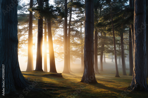Foggy forest with tall trees in the light of sunrise.