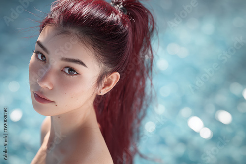 Portrait of a beautiful young asian woman on a water background