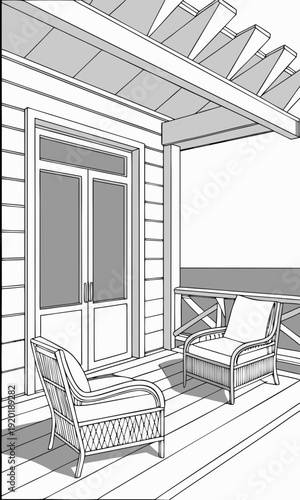 Cozy Porch Scene with Chairs and Pergola in Line Art.