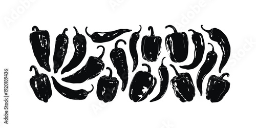 Assortment of Black Silhouette Chili Peppers and Bell Peppers on White Background vegetable food