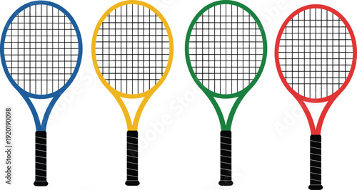 Set of colorful tennis rackets vector illustration isolated on background showcasing different designs for sports equipment fitness training recreation and competitive play concepts