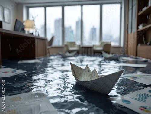 Interior with flooded office, paper boat afloat, rain outside window, dark mood