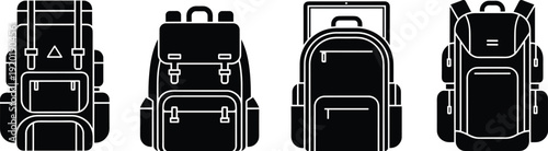 Backpack vector icon collection, black and white travel rucksack silhouettes for hiking, camping, trekking and school outdoor adventure design