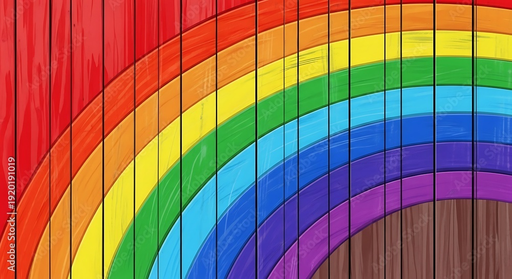Fototapeta premium Vibrant spectral arc painted across a background of vertical wooden planks