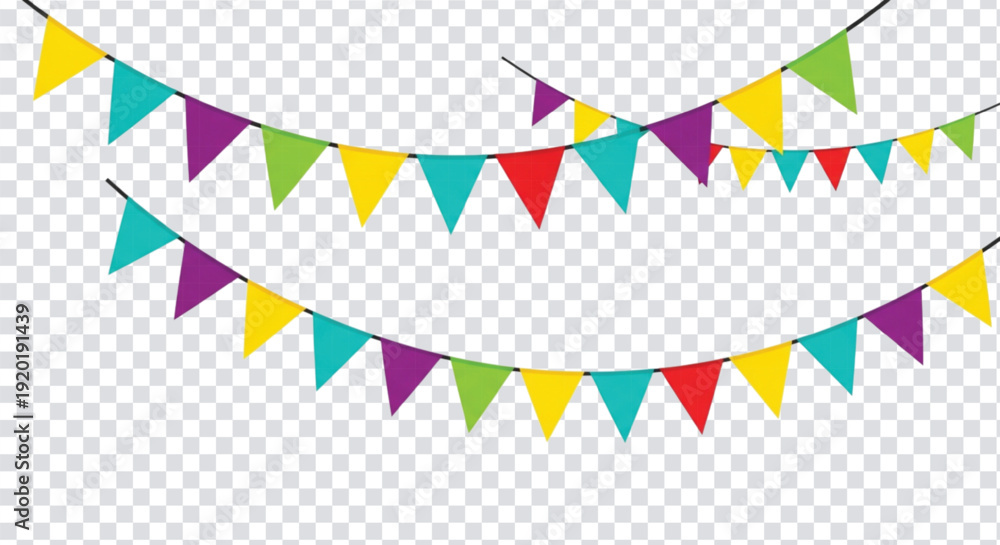 Εκτύπωση καμβά Colorful triangular pennant flags in blue, purple, green, yellow, and red hang on strings against a transparent background, conveying festivity