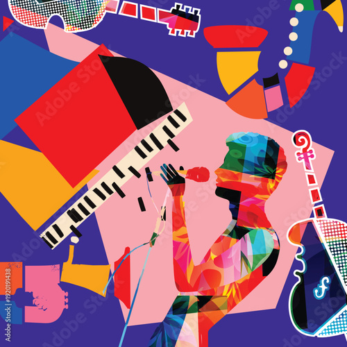 Maximalist Music Collage with Male Singer Silhouette, Piano Keys and Abstract Musical Elements on Vibrant Purple Background