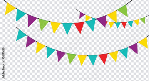 Colorful triangular pennant flags in blue, purple, green, yellow, and red hang on strings against a transparent background, conveying festivity.