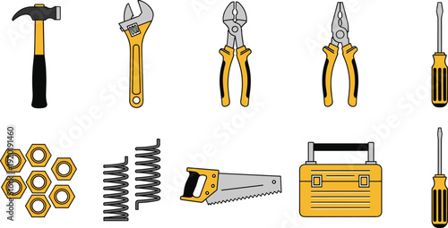 Hand tools vector illustration set with hammer, adjustable wrench, pliers, screwdriver, saw, toolbox and hardware accessories