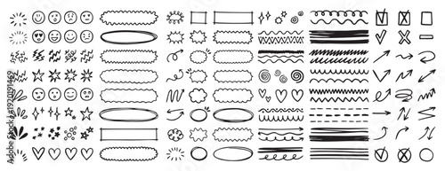 doodle underline emphasis scribble elements line hand drawn set. doodle brush shapes stroke highlight sparkle and arrow elements. childish drawing kids style.