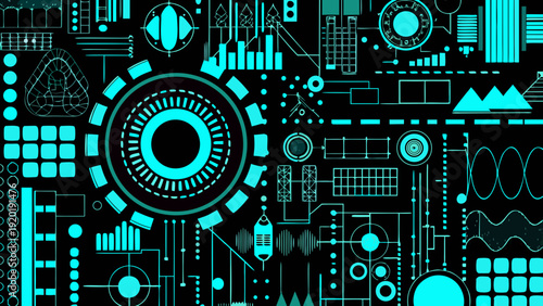 Abstract technological background with glowing cyan circuitry and geometric shapes