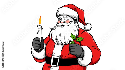 A cheerful santa claus illustration holds a lit candle and a sprig of holly