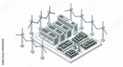 Sustainable Energy Facility with Wind Turbines and Solar Panels.
