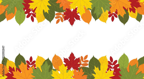 Colorful border design featuring a vibrant collection of autumn leaves in shades of red yellow orange and green framing empty white space for text