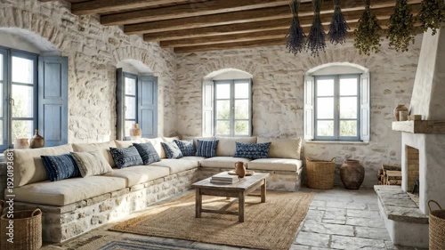 Sunlit Mediterranean rustic living room interior with stone walls, wooden ceiling beams and blue shutters. Cozy farmhouse lounge, no people.