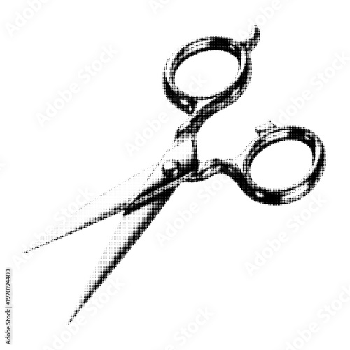 Black and white halftone scissors illustration isolated on white background. Vintage engraved style cutting tool symbolizing tailoring, craft and office supply concept.