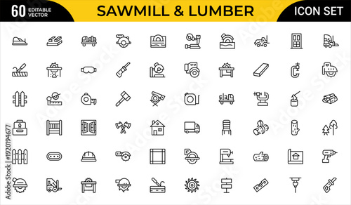 Sawmill and Lumber Industry Line Icon Set. Woodcutting, Timber Processing and Forestry Outline Icons, Editable Stroke, Pixel Perfect Vector