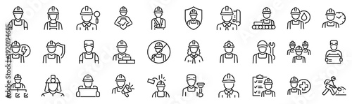Set of 30 outline icons related to worker. Linear icon collection. Editable stroke. Vector illustration