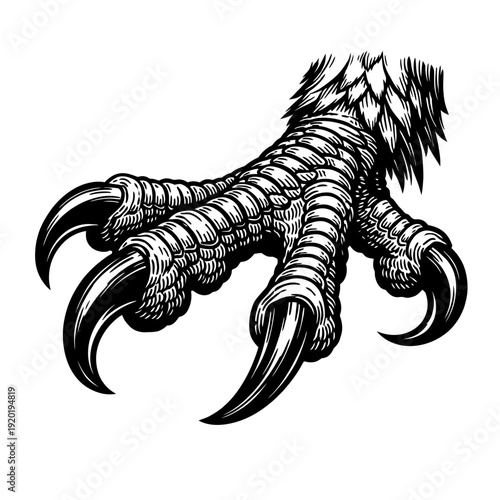 Striking B&W vintage vector of powerful raptor talon. Features sharp claws, intricate scales, feather details. Perfect for tattoos, fantasy art, wildlife branding, heraldry, symbolizing primal avian m