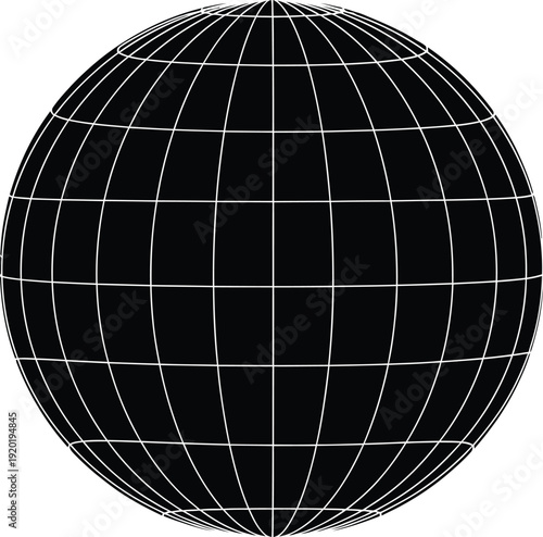 A solid black silhouette of a sphere with a precise, geometric grid pattern representing latitude and longitude lines overlaid in solid black, a clean white background