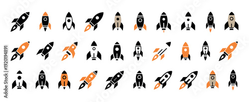 Rocket Ship Icon Set for Startups featuring a vibrant collection of spacecraft designs in multiple colors and silhouettes, symbolizing business growth, project launches, and technological innovation.