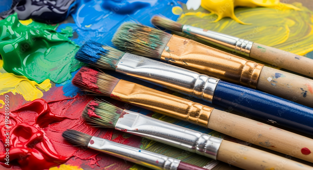 Fototapeta premium Paintbrushes with vibrant colors resting on a palette