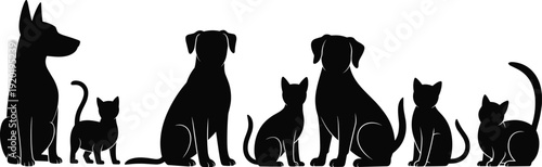 Black Silhouettes of Dogs and Cats in Various Poses on White Background Keywords: dog, cat, pet, animal, canine, feline