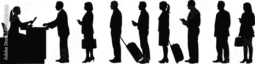 Business people silhouettes standing in long queue line at airport check in counter desk waiting with luggage suitcases and bags for traveling