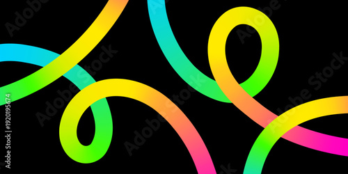 Vibrant colored gradient curved thick lines. Black background. Vector illustration.	