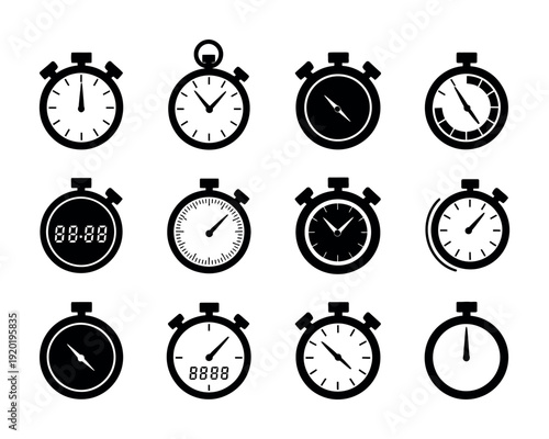 Professional Chronometer and Stopwatch Glyph Icon Set featuring a collection of solid black symbols for measuring elapsed time, split laps, and countdowns, perfect for sports analytics and scientific 