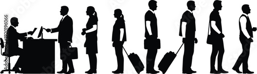 Various business people silhouettes including a person at a desk two individuals with briefcases and travelers with luggage