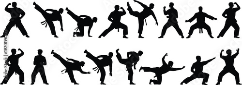 Martial arts silhouettes collection with fighters performing kicks, punches, stances, and defensive poses in karate uniform vector illustration designMartial arts silhouettes collection with fighters 
