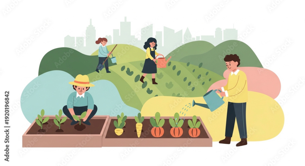 Naklejka premium People Gardening Together in Community Garden.