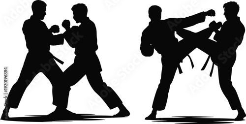 Silhouette martial arts sparring illustration showing fighters practicing defensive stances and high kicks in traditional uniforms for training and competition.