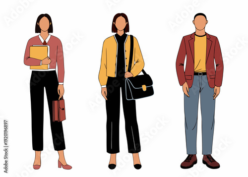 Three stylized figures a woman and two men stand facing forward