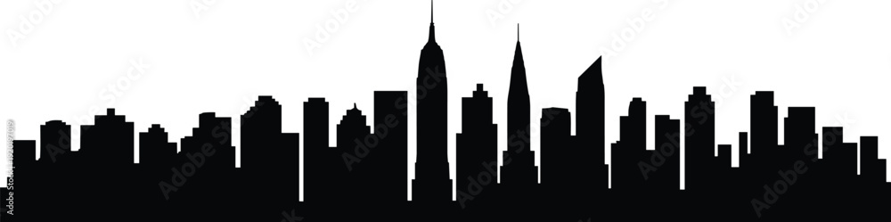 Obraz premium Silhouette vector illustration of city skyline with skyscrapers and spire buildings, urban architecture design representing metropolitan culture and lifestyle