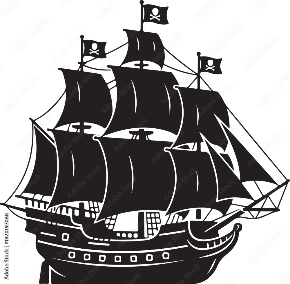 Ταπετσαρία Monochromatic graphic of an old wooden sailing vessel for maritime themes