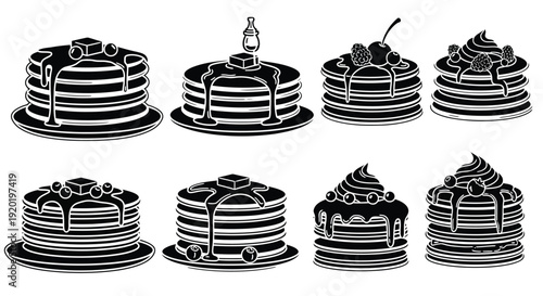 Black and white illustration of various stacked pancakes with toppings
