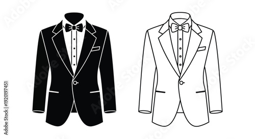 Two tuxedo illustrations one black one white both with bow ties