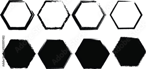 A grid of eight black textured hexagonal shapes including solid forms and distressed frames on white