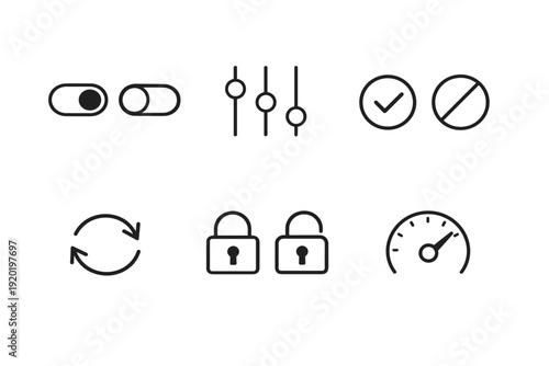 Minimal black outline user interface icon set featuring toggles, sliders, approval and ban symbols, refresh arrows, padlocks, and speed gauge