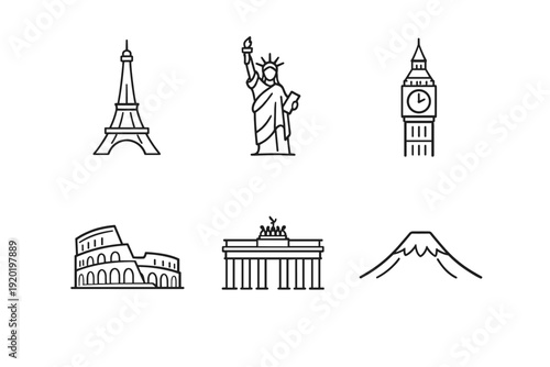 Minimal line art icons of famous world landmarks including tower, statue, clocktower, amphitheater, historic gate, and mountain silhouette