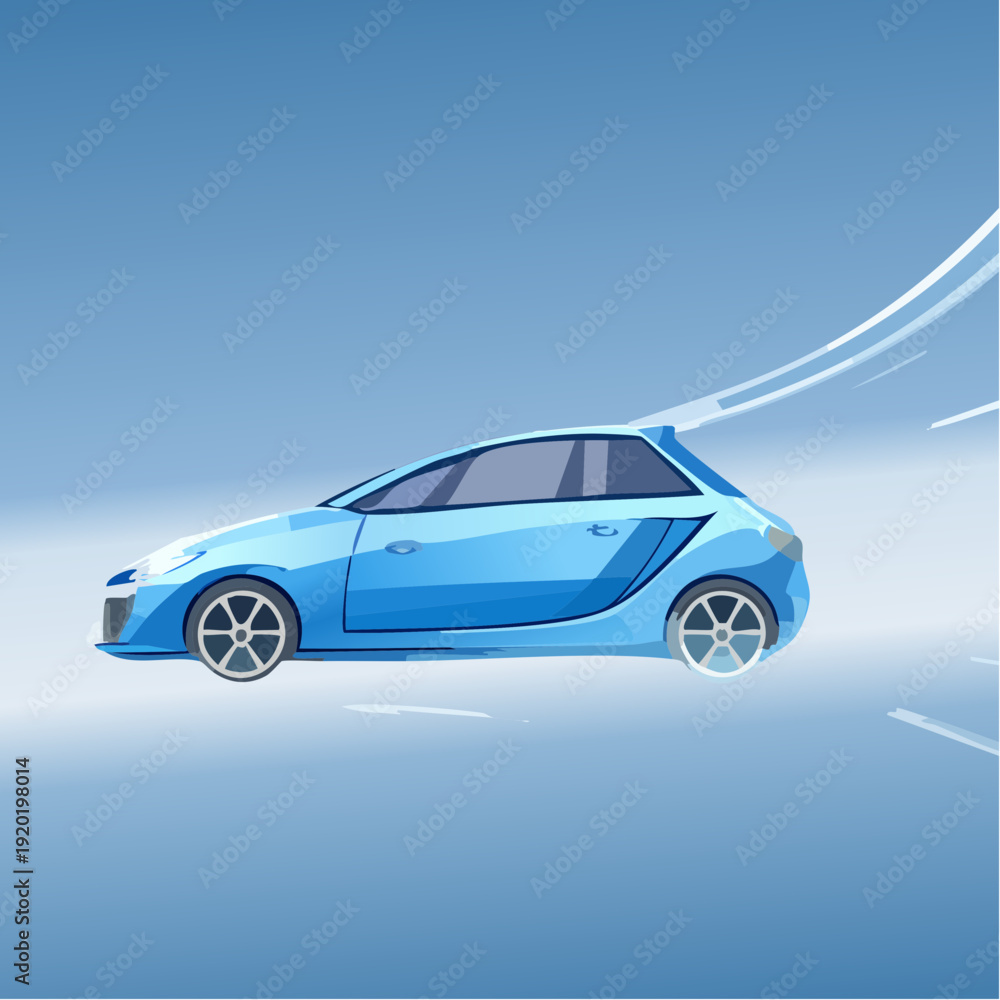 Naklejka premium Blue neon glowing in the dark electric car on high speed running concept. Fast ev silhouette. Vector illustration