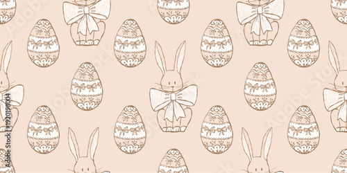 Whimsical vintage Easter seamless pattern with bunny, decorated eggs, and wreath elements. Hand-drawn vector illustration in delicate pastel beige tones, perfect for textile and wrapping paper.