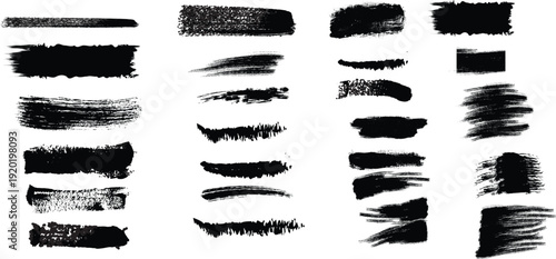 A diverse collection of black paint brush strokes and varied textured smears on white