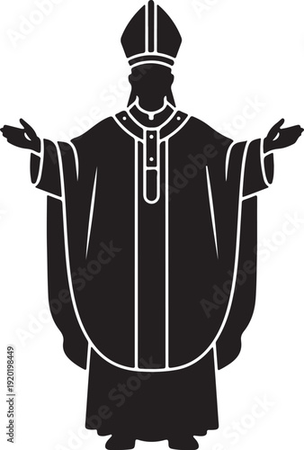 Black and white religious figure illustration with mitre and chasuble