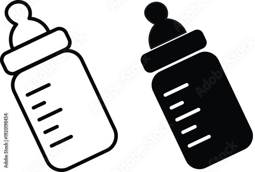 Two baby bottles, one outline and one solid black, with nipples and measurement markings.