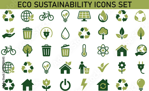 Eco sustainability icons set, green energy renewable environment recycling symbols collection, climate change protection vector illustration, clean power elements, sustainable development concept