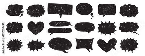 speech bubbles in various shapes set. Crayon grunge texture communication frames. Textbox cloud, chat text boxes 