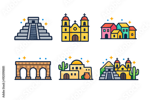 Colorful travel icon set featuring pyramid temple, colonial cathedral, adobe house with cactus, historic aqueduct arches, and hillside village buildings
