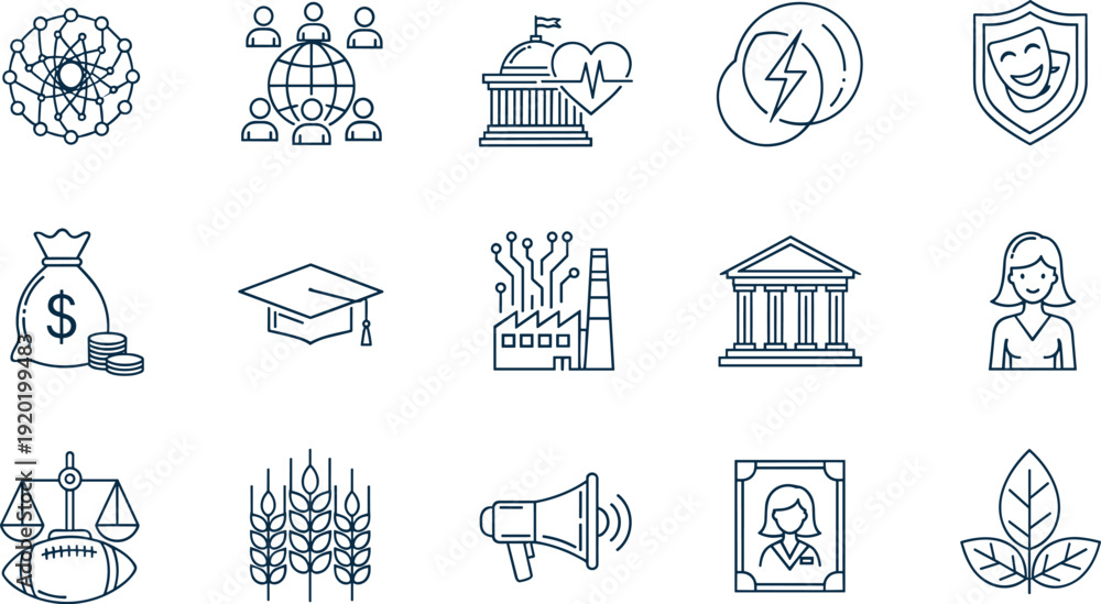 Εκτύπωση καμβά Social institution icon set with education finance justice government and commun